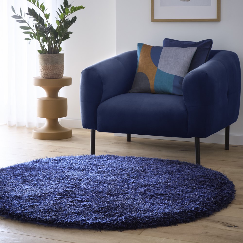 Chicago Circle Shaggy Plain Modern Rugs in Indigo Blue